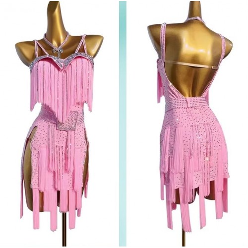 Customized size pink bling fringe competition latin dance dresses for women girls kids handmade salsa rumba stage performance dance skirts